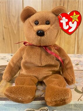 Ty Beanie Babies Teddy Brown w Red Ribbon Vtg 1995 w Tag Error Collectible